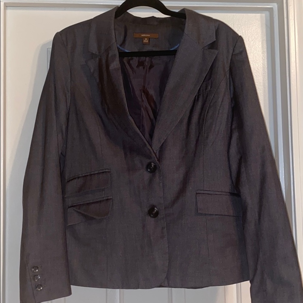 Grey suit set w brown and blue pin stripe